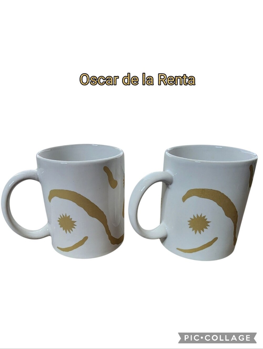 Oscar de la Renta coffee mug tea cup white & gold swirl pattern, set of two
